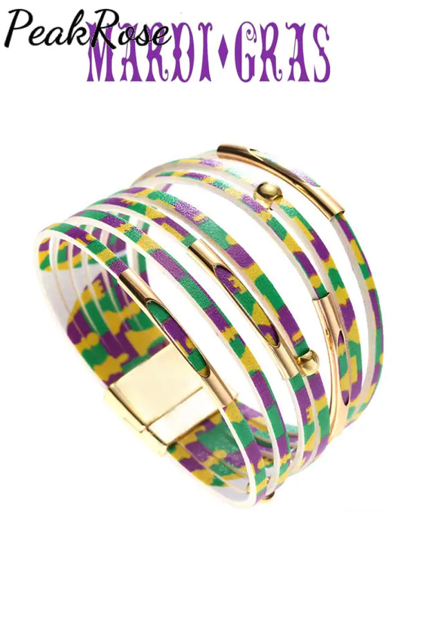 Tricolor Mardi Gras Carnival Alloy Pipe Magnet Buckle Bracelet One-Size / #3 Bracelets