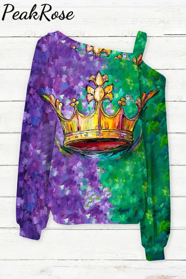 Tricolor Mardi Gras Carnival Fleur De Lis Imperial Crown Off-Shoulder Blouse