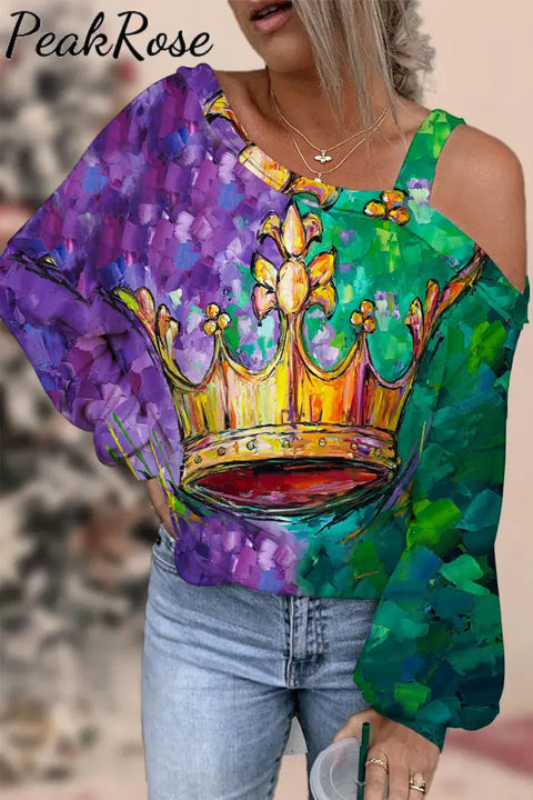 Tricolor Mardi Gras Carnival Fleur De Lis Imperial Crown Off-Shoulder Blouse Multicolor / S