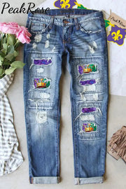 Tricolor Mardi Gras Carnival Fleur De Lis Imperial Crown Ripped Denim Jeans S