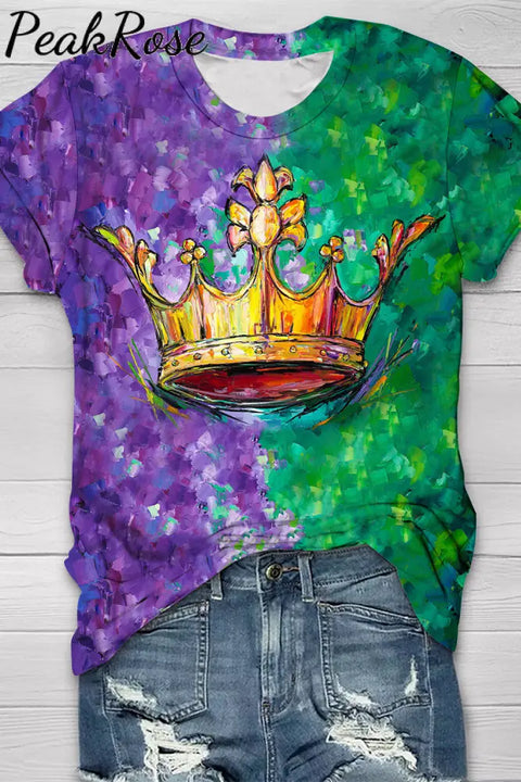 Tricolor Mardi Gras Carnival Fleur De Lis Imperial Crown Round Neck Short Sleeve T-Shirt