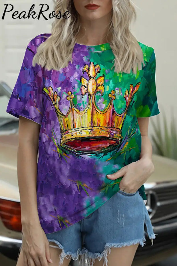 Tricolor Mardi Gras Carnival Fleur De Lis Imperial Crown Round Neck Short Sleeve T-Shirt