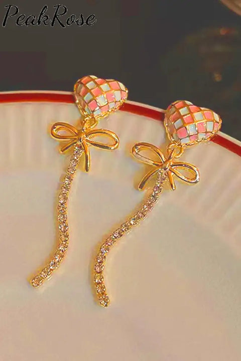 Two Tone Checkered Heart Bow Fringe Earrings