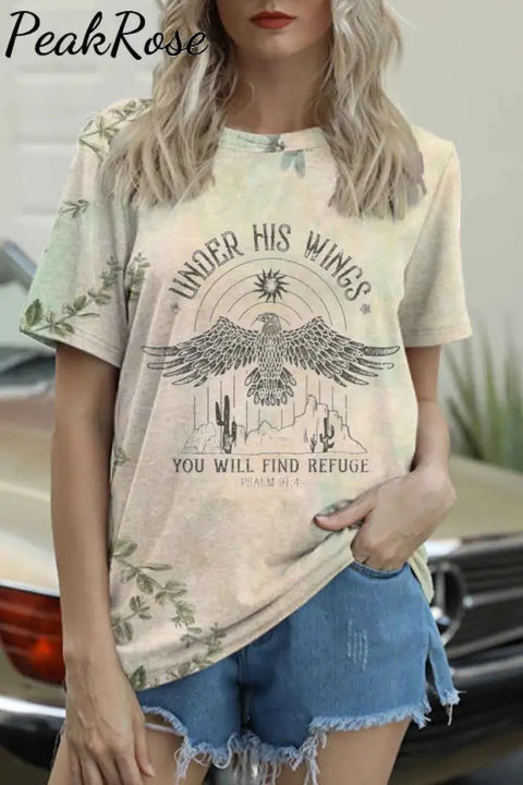 Under His Wings You Will Find Refuge Christian Print Round Neck T-Shirt T-Shirt