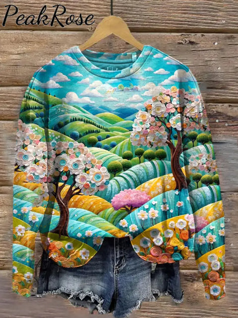 Unisex 3D Pastoral Landscape Art Illustration Printed Casual Crewneck Sweatshirt