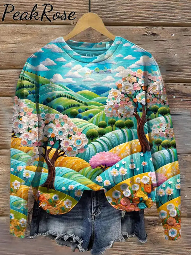 Unisex 3D Pastoral Landscape Art Illustration Printed Casual Crewneck Sweatshirt