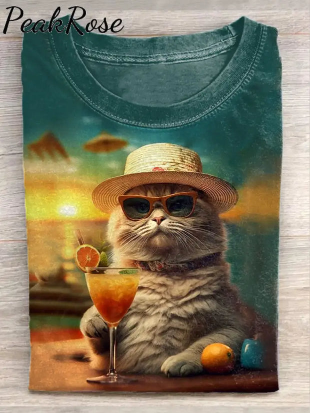 Unisex Beach Cat Vacation Art Illustration Print Casual T-Shirt As Picture / S