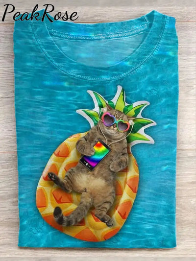 Unisex Beach Cat Vacation Art Illustration Printed Casual T-Shirt As Picture / S