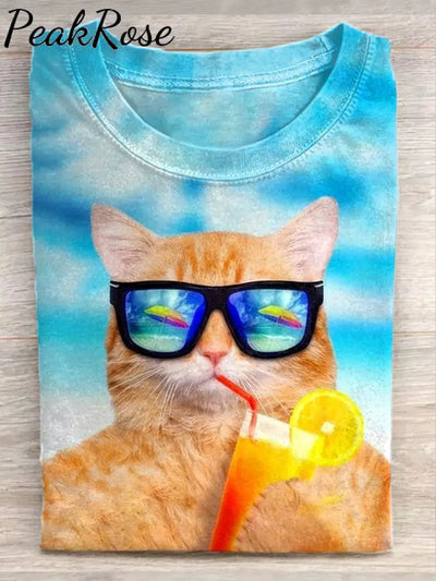 Unisex Beach Vacation Cat Art Illustration Print Casual T-Shirt As Picture / S