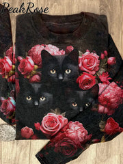 Unisex Cat Floral Art Print Casual T-Shirt Longsleeve / S Hot Sell