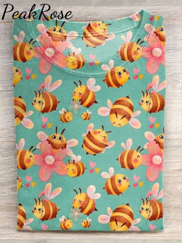 Unisex Cute Bee Art Illustration Printed Cotton Casual Round Neck T-Shirt