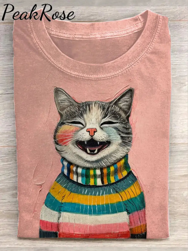 Unisex Cute Cat Art Graffiti Illustration Casual Round Neck T-Shirt As Picture / S