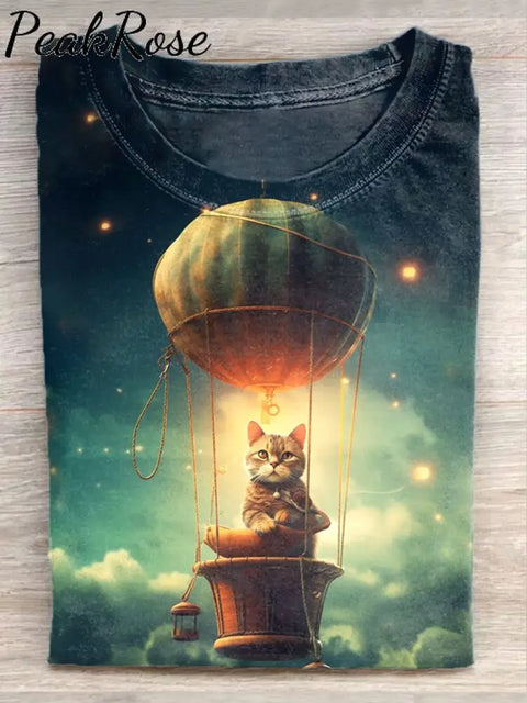 Unisex Cute Cat Art Illustration Print Casual Cotton Round Neck T-Shirt As Picture / S