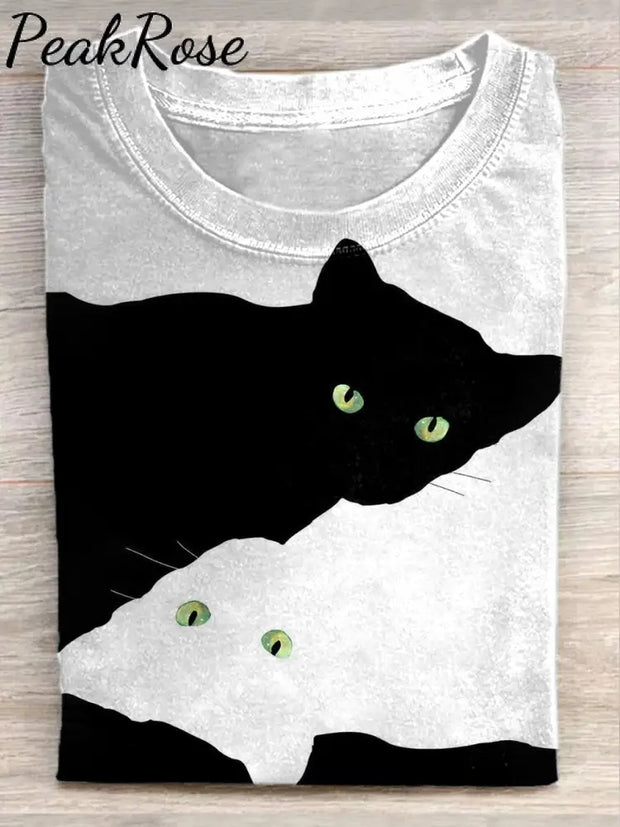 Unisex Cute Cat Art Illustration Printed Casual Cotton Crew Neck T-Shirt As Picture / S