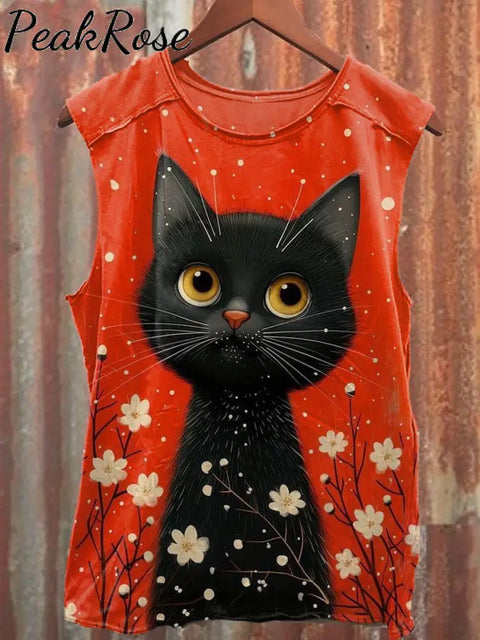 Unisex Cute Cat Art Illustration Printed Casual Cotton Tank Top As Picture / S