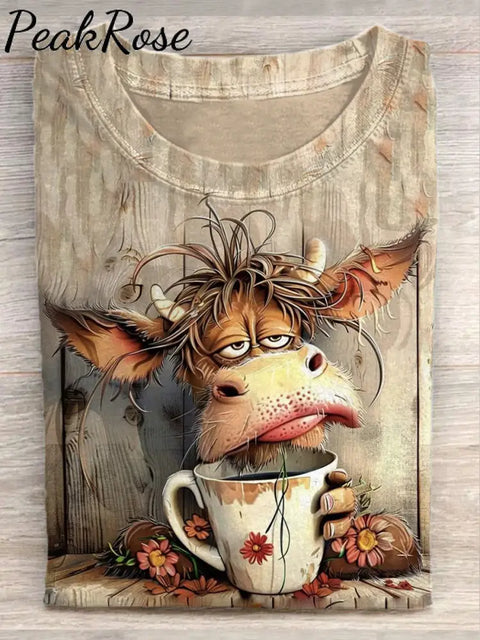 Unisex Cute Cow Art Illustration Printed Casual Cotton Round Neck T-Shirt As Picture / S