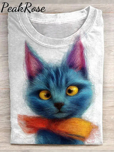 Unisex Cute Line Cat Art Graffiti Illustration Casual Cotton Round Neck T-Shirt As Picture / S