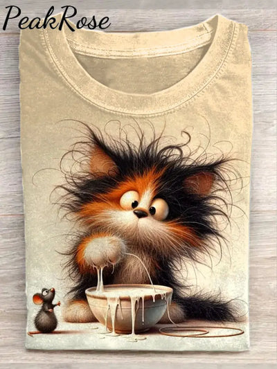 Unisex Cute Messy Cat Art Illustration Printed Casual Cotton Crew Neck T-Shirt As Picture / S