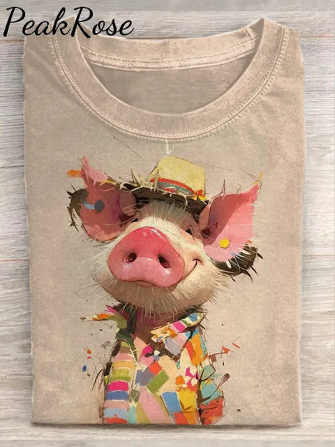 Unisex Cute Pig Art Illustration Print Casual Cotton Round Neck T-Shirt As Picture / S