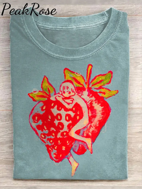 Unisex Cute Strawberry Girl Art Illustration Print Casual Cotton Round Neck T-Shirt As Picture / S