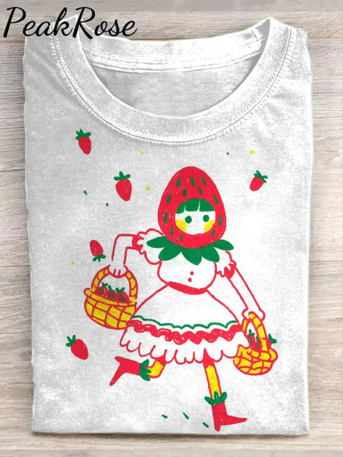 Unisex Cute Strawberry Girl Art Illustration Print Casual Cotton Round Neck T-Shirt As Picture / S