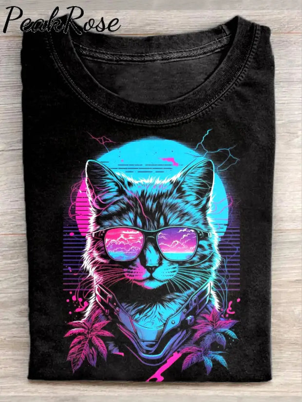 Unisex Cyberpunk Cat Art Illustration Print Casual Round Neck T-Shirt As Picture / S