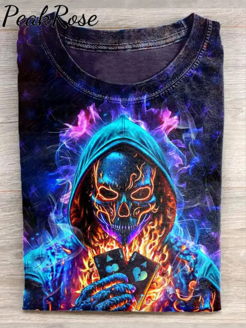 Unisex Cyberpunk Skull Poker Art Illustration Print Casual T-Shirt As Picture / S