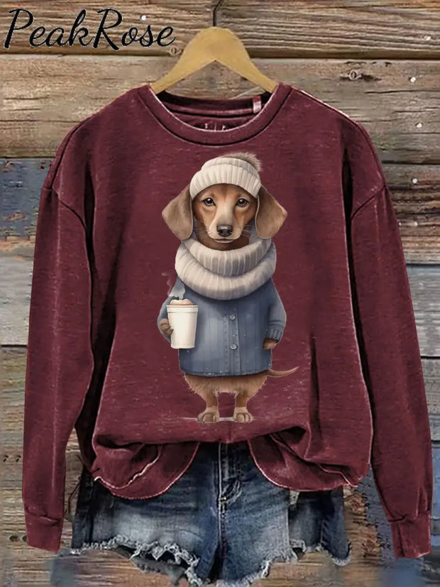 Unisex Dachshund Dog Art Print Casual Sweatshirt Maroon / S Hot Sell