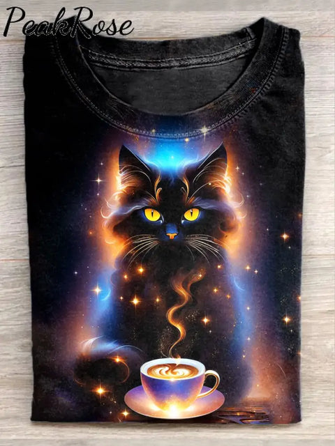 Unisex Fantasy Cat Art Illustration Printed Casual Crew Neck T-Shirt As Picture / S