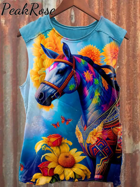 Unisex Fantasy Floral Horse Art Illustration Printed Casual Tank Top As Picture / S