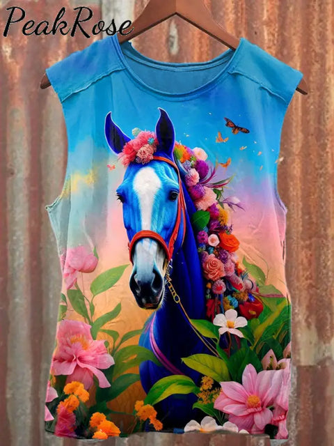 Unisex Fantasy Floral Horse Art Illustration Printed Casual Tank Top As Picture / S