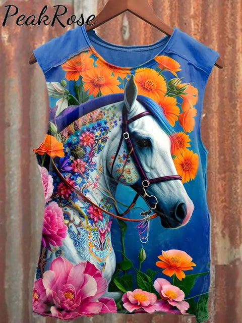 Unisex Fantasy Floral Horse Art Illustration Printed Casual Tank Top As Picture / S