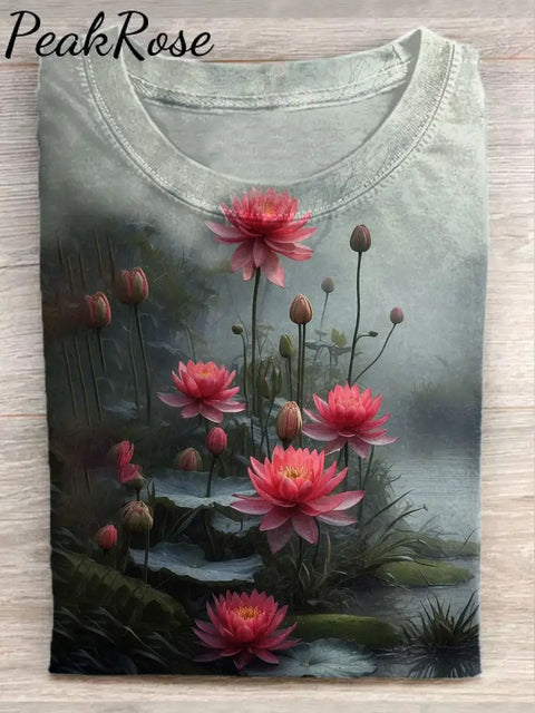 Unisex Fantasy Lotus Art Illustration Printed Casual Cotton T-Shirt As Picture / S