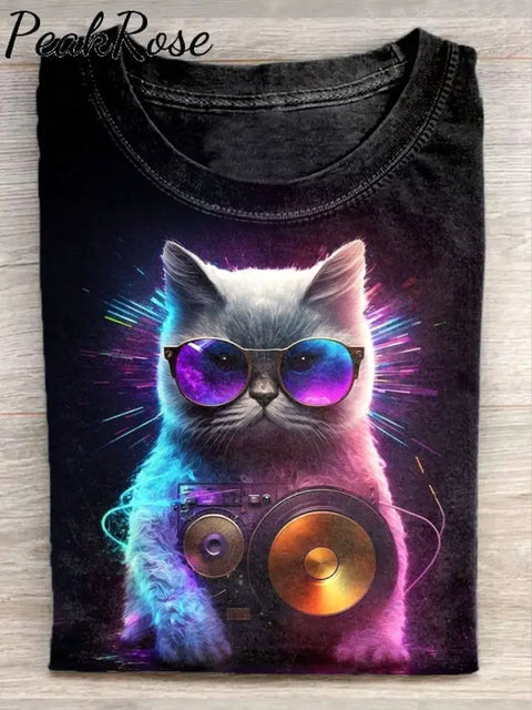 Unisex Fantasy Music Cat Art Illustration Printed Casual T-Shirt As Picture / S