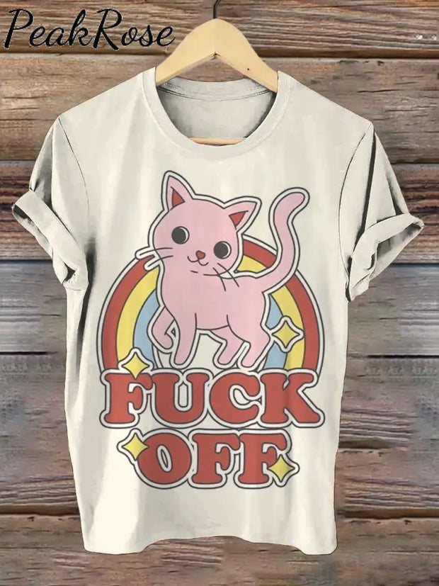 Unisex Fuck Off Cat Funny Words Art Illustration Print Casual Round Neck T-Shirt