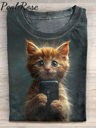 Unisex Funny Cat Art Illustration Printed Casual Cotton Crew Neck T-Shirt As Picture / S