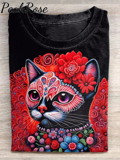 Unisex Funny Cat Art Painting Pattern Casual T-Shirt As Picture / S