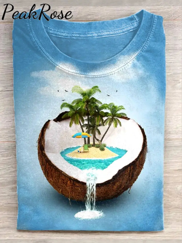 Unisex Funny Coconut Beach Art Illustration Print Casual T-Shirt As Picture / S