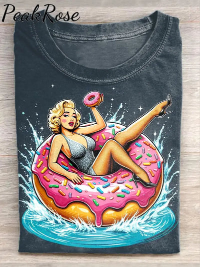 Unisex Funny Donut Art Illustration Printed Casual Cotton Crew Neck T-Shirt As Picture / S