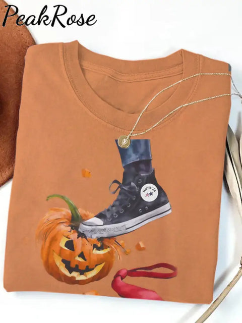 Unisex Funny Halloween Sneaker Smashing Pumpkin Printed Cotton Short Sleeve T-Shirt