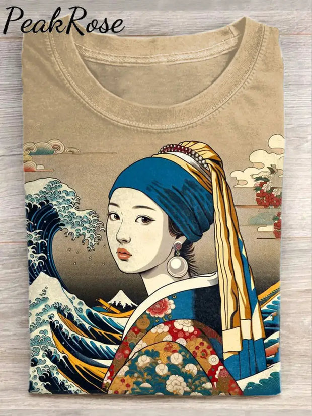 Unisex Girl With Pearl Earrings Art Illustration Casual Cotton Round Neck T-Shirt As Picture / S