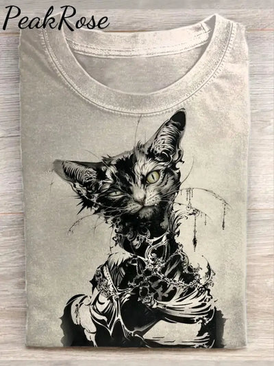 Unisex Gothic Dark Cat Art Illustration Printed Casual Cotton Crew Neck T-Shirt As Picture / S