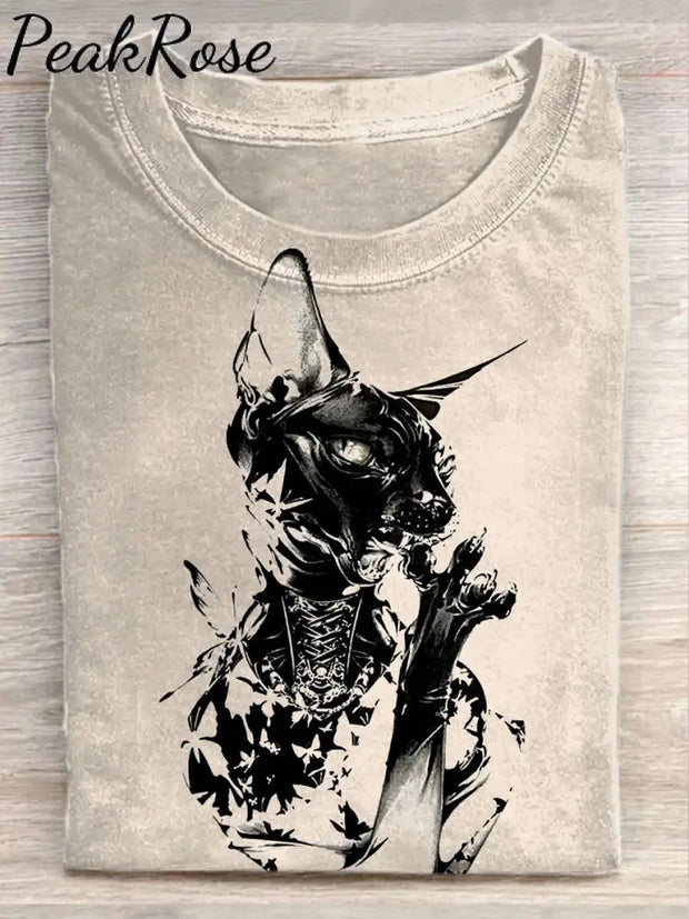 Unisex Gothic Dark Cat Art Illustration Printed Casual Cotton Crew Neck T-Shirt As Picture / S