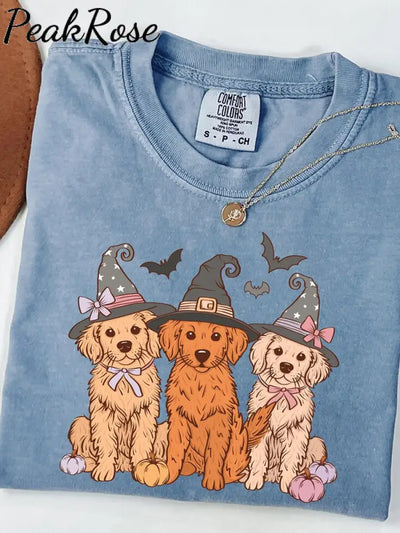 Unisex Halloween Cute Dog Print Casual Cotton Short Sleeve T-Shirt Blue / S