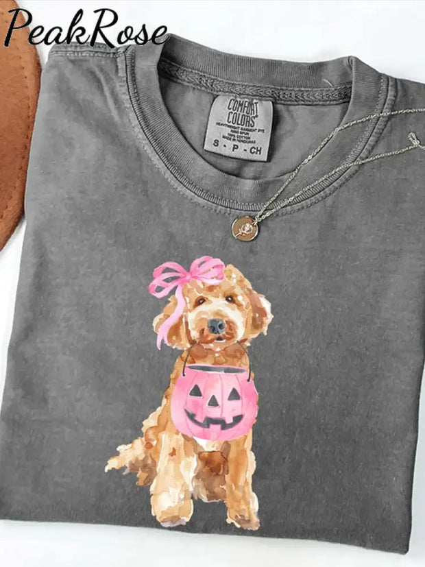 Unisex Halloween Cute Dog Print Casual Cotton Short Sleeve T-Shirt Gray / S