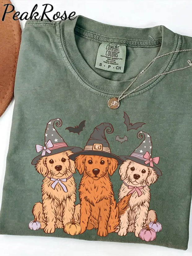 Unisex Halloween Cute Dog Print Casual Cotton Short Sleeve T-Shirt Green / S