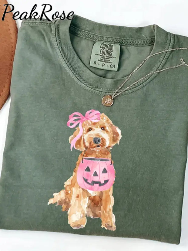 Unisex Halloween Cute Dog Print Casual Cotton Short Sleeve T-Shirt Green / S