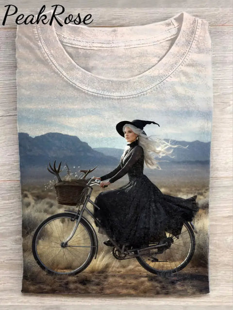 Unisex Halloween Witch Ride Art Illustration Printed Casual Cotton Round Neck T-Shirt