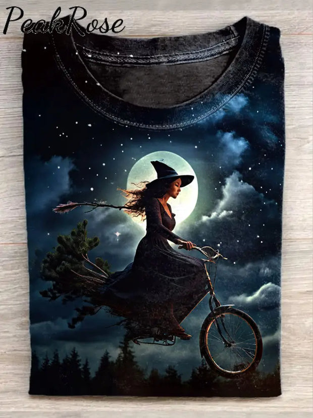 Unisex Halloween Witch Ride Art Illustration Printed Casual Cotton Round Neck T-Shirt