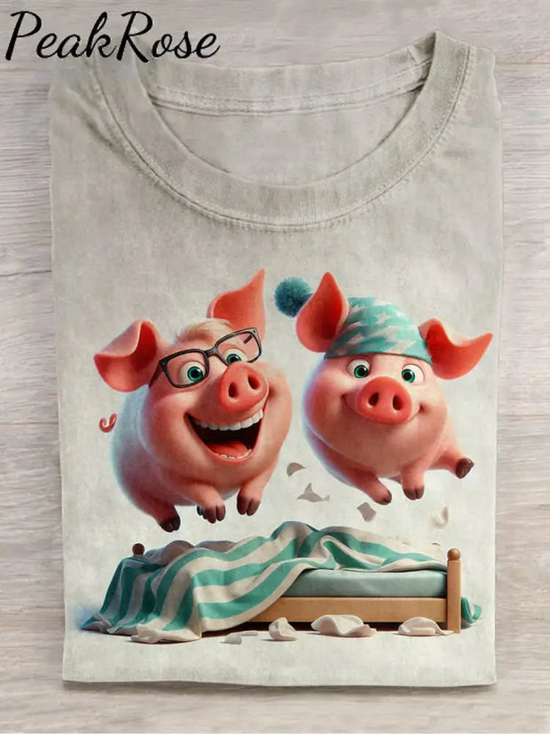 Unisex Happy Pig Art Print Short Sleeve Casual T-Shirt Hot Sell